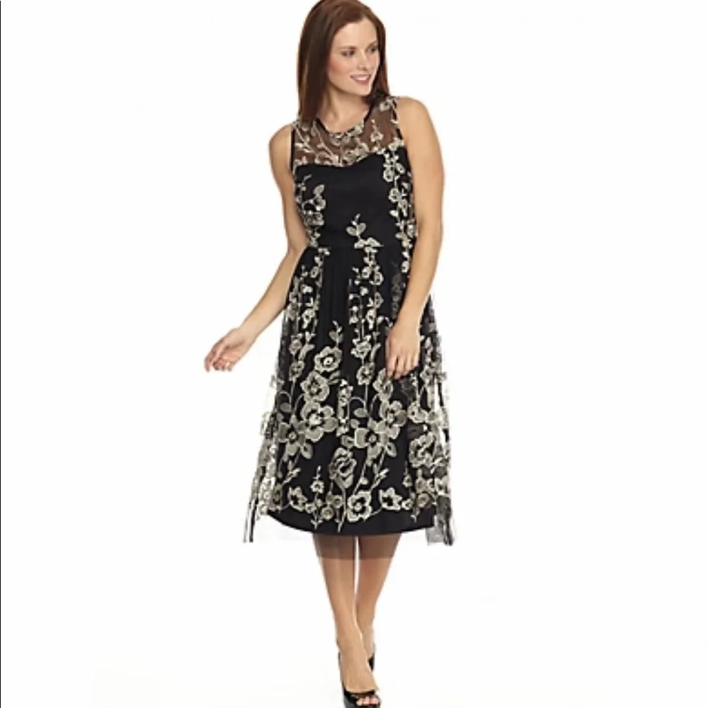 Beige‎ by eci Black Taupe-Gold Embroidered Mesh Cocktail Social Dress S…